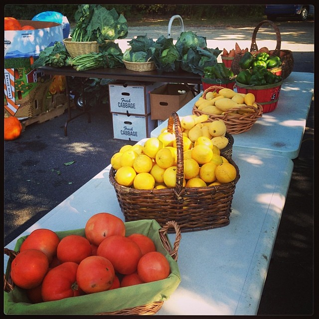 Wicker baskets overflowing with fresh lemons, tomatoes, and greens set out on tables at a mobile food pantry distribution